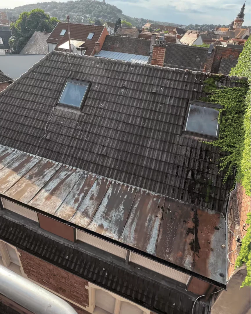 Dunkles Pfannendach vor der Reinigung