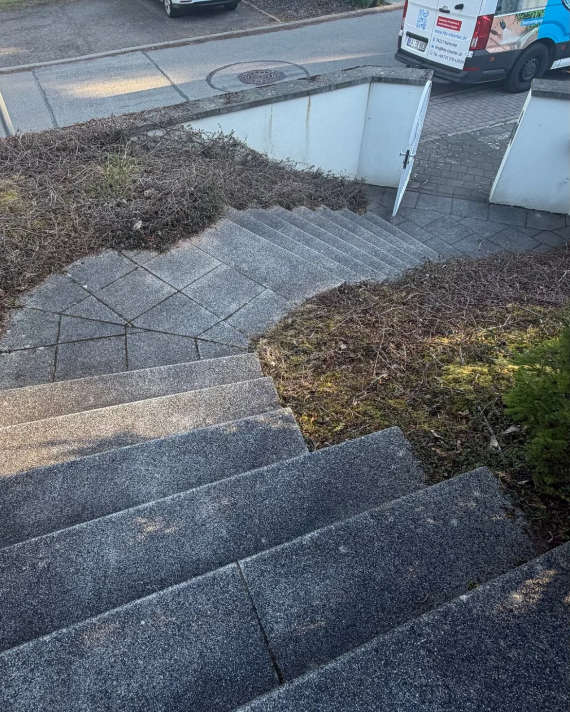 Granittreppe mit dunklem Belag und Moos am Rand