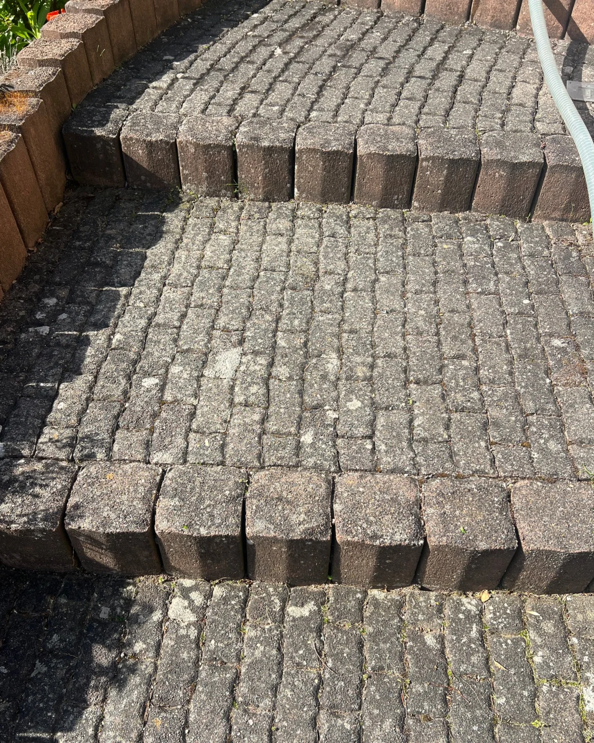 Blockstufen-Treppe mit Flechten und Grauschleier vor der Reinigung