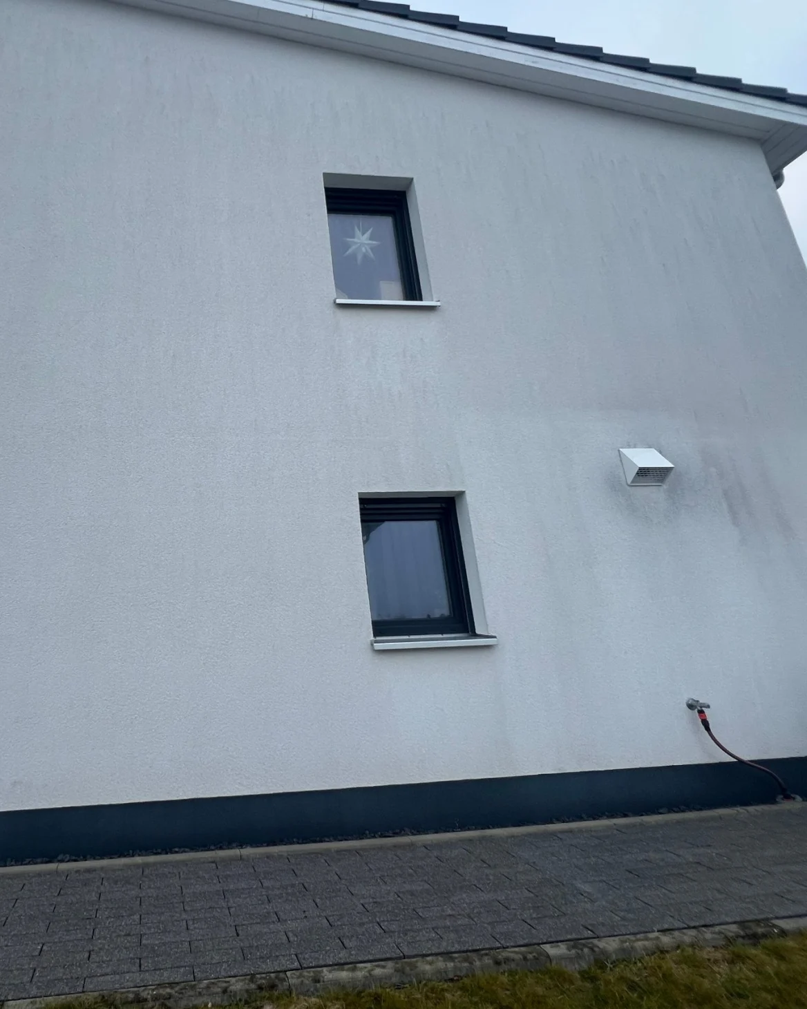Einfamilienhaus mit grauen Ablaufspuren vor der Reinigung