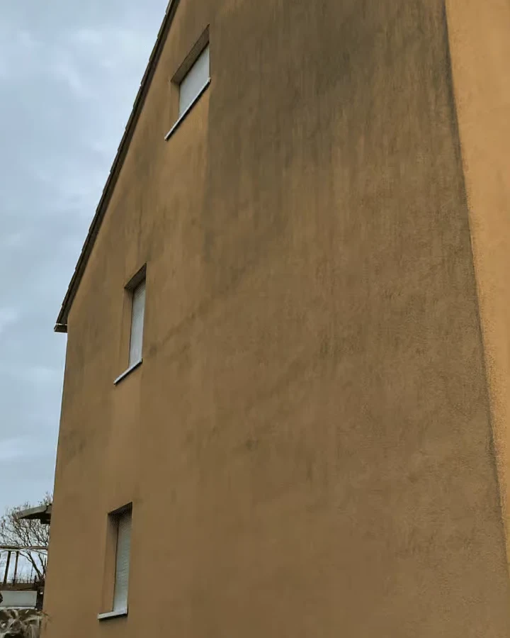 Ockerfarbene Fassade vor der Reinigung